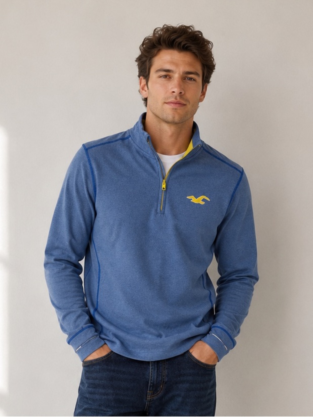 Hollister Men’s Quarter Zip Pullover Sweater XL Blue Heather Performance Active